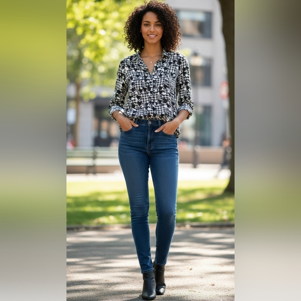 {Chico’s} Black & White Houndstooth Print Blouse 3/4 Sleeve High Low Hem - Picture 15 of 15